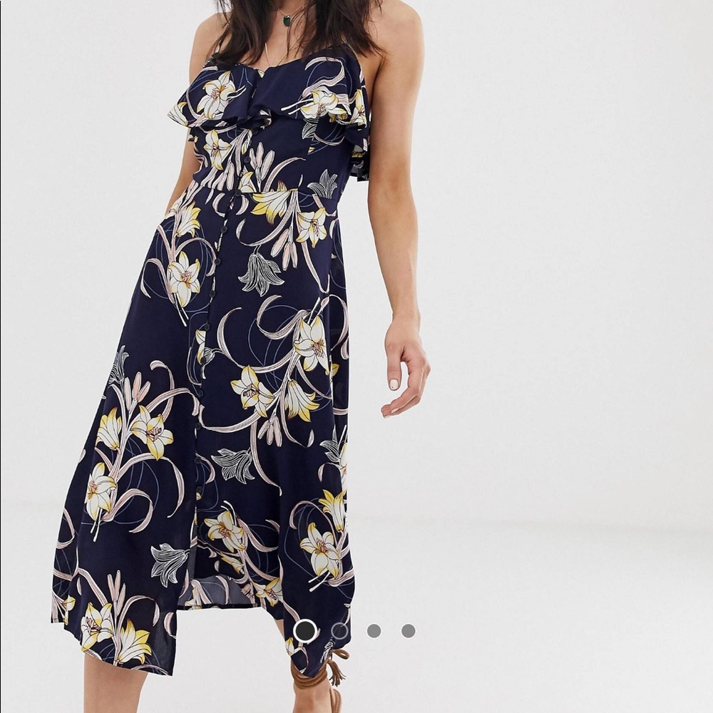 ASOS Ruffle Button Midi Navy Floral Dress NWT